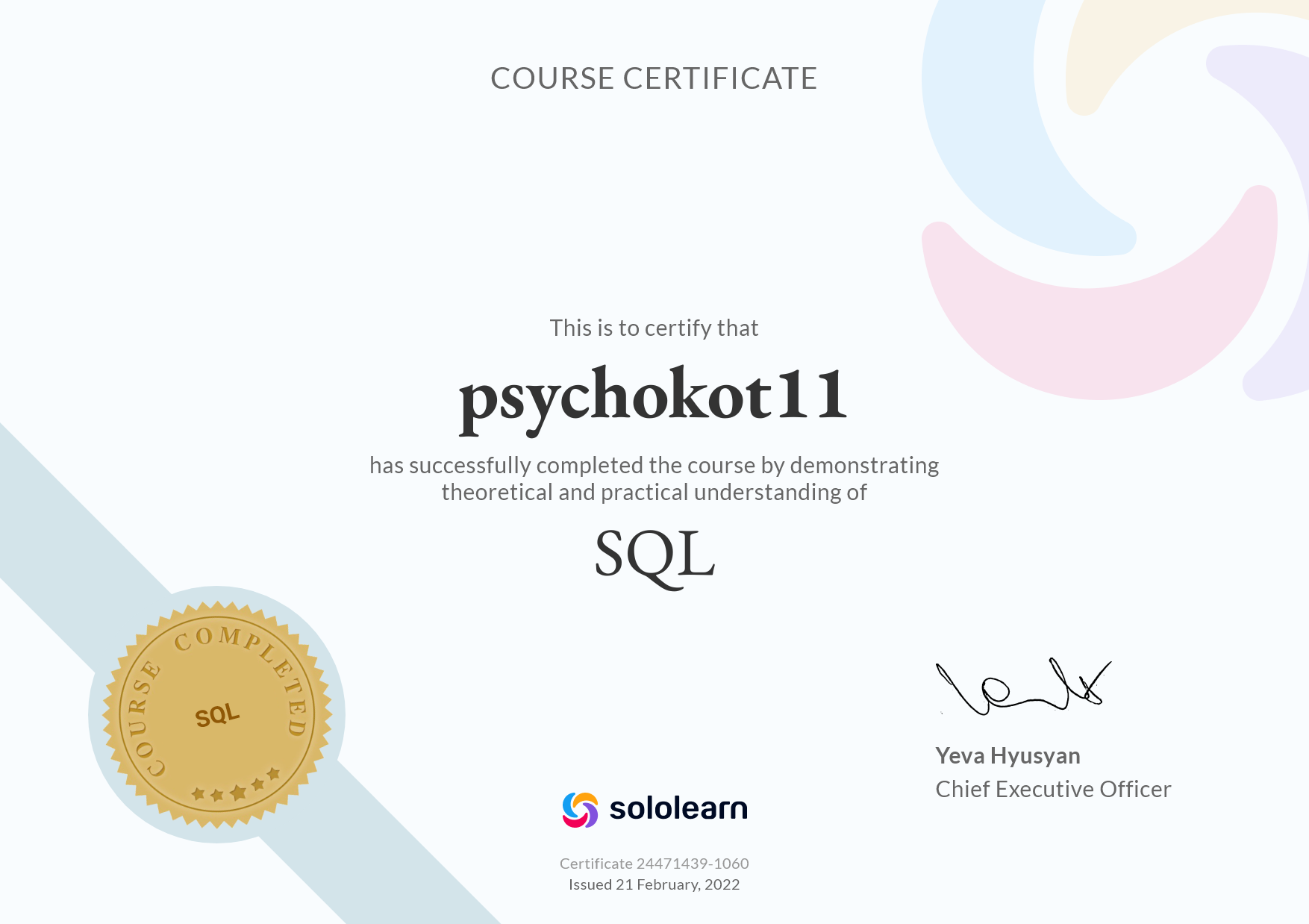 certificate Sololearn SQL