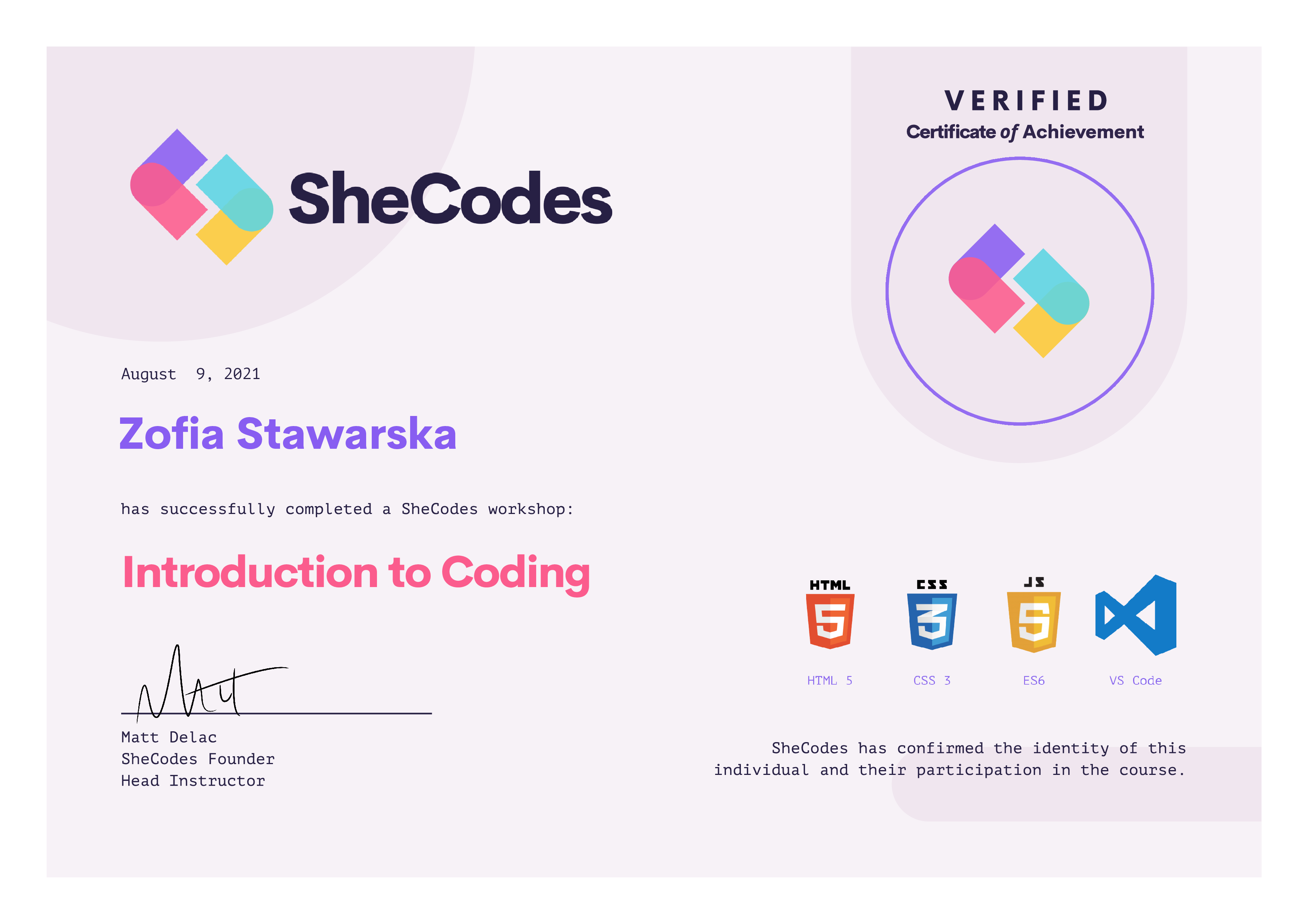 certificate SheCodes Introduction to Coding