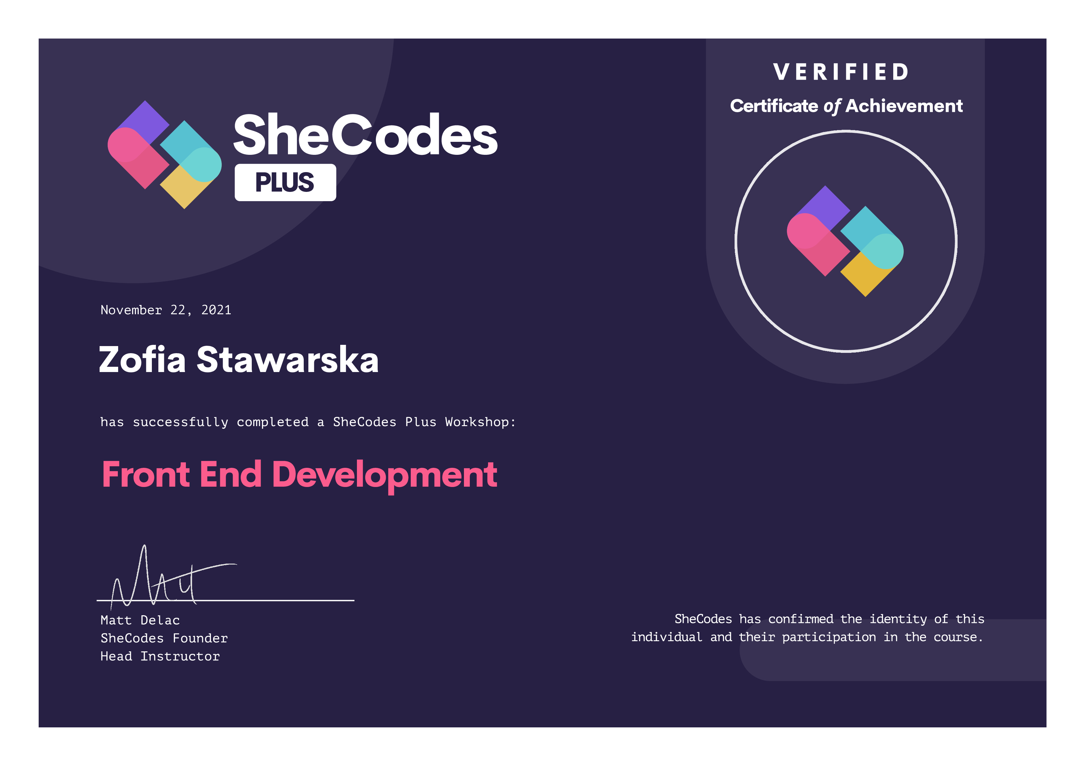 certificate SheCodes Introduction to Coding